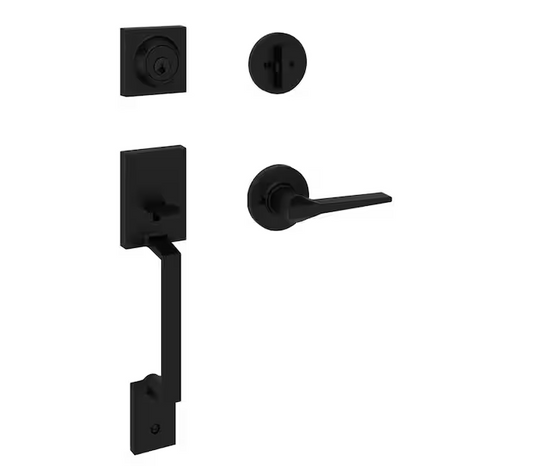 Amador Matte Black Entry Door Handleset with Round Rose Hollis Handle Featuring SmartKey Security