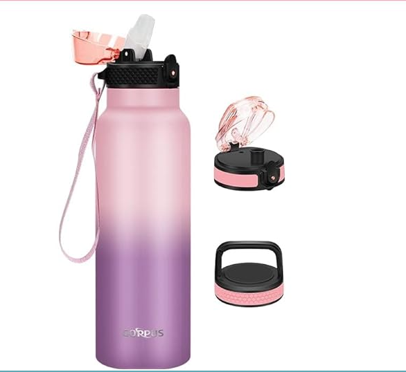 GOPPUS 24 oz Insulated Water Bottle With Straw Lid Pink Purple-3Lid