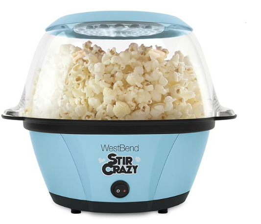 West Bend Stir Crazy Hot Oil Popcorn Popper, Popcorn Maker Machine with Large Serving Bowl Lid and Stirring Rod Perfect for Movie Night Snack Time or Parties, 6-Quart, Blue