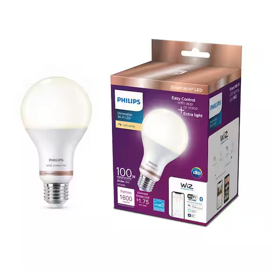 Philips 100-Watt Equivalent A21 LED Smart Wi-Fi Light Bulb Soft White (2700K) powered by WiZ with Bluetooth (1-Pack)