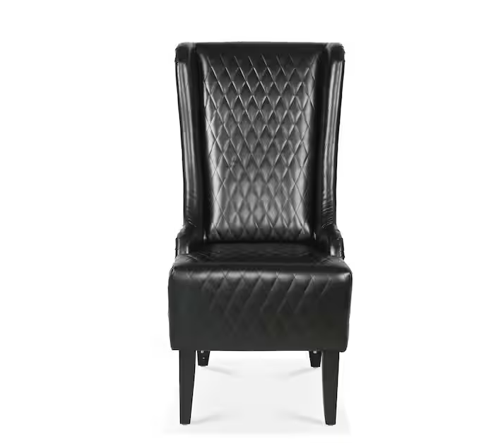 High-Back Black Faux Leather Arm Chair with Wingback Design, Birch Wood Legs