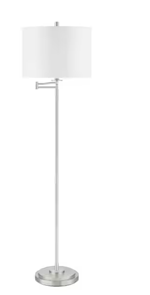 Hampton Bay Loring 59.75 in. Brushed Nickel Swing Arm Floor Lamp with White Fabric Shade