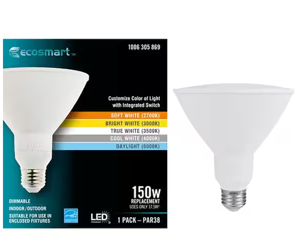 EcoSmart 150-Watt Equivalent PAR38 Dimmable CEC Flood LED Light Bulb with Selectable Color Temperature (1-pack)