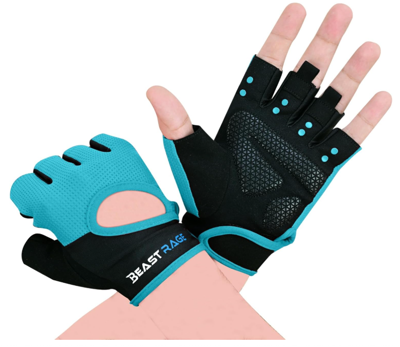 BEAST RAGE Workout Gloves for Men & Women - Fingerless Gym Gloves, Cyan