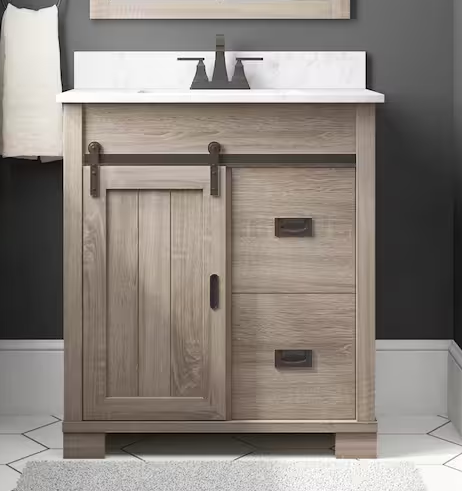 Glacier Bay Brindley 30 in. W x 20 in. D x 35 in. H Single Sink Freestanding Bath Vanity Weathered Gray w/White Engineered Stone Top