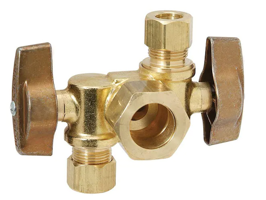 BrassCraft 1/2 in. Nominal Inlet x 3/8 in. O.D. Comp x 1/4 in. O.D. Dual Outlet Dual Shut-Off 1/4 in. Turn Angle Ball Valve