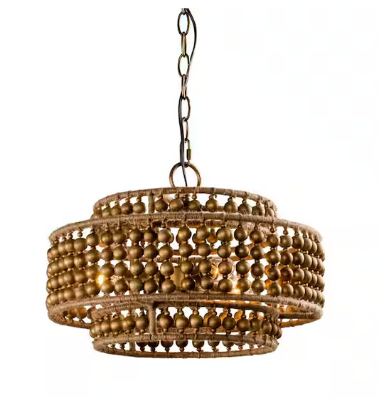 Flint Garden Rustic 3-Light Antique Gold Drum Chandelier with Rope accents for Dining Room