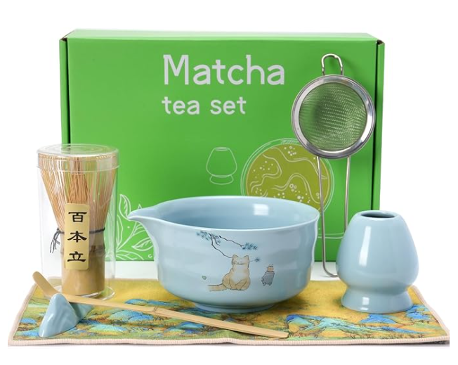 Japanese Tea Set Matcha Bowl, Whisk/Holder, Scoop/Rest, Sifter/Towel