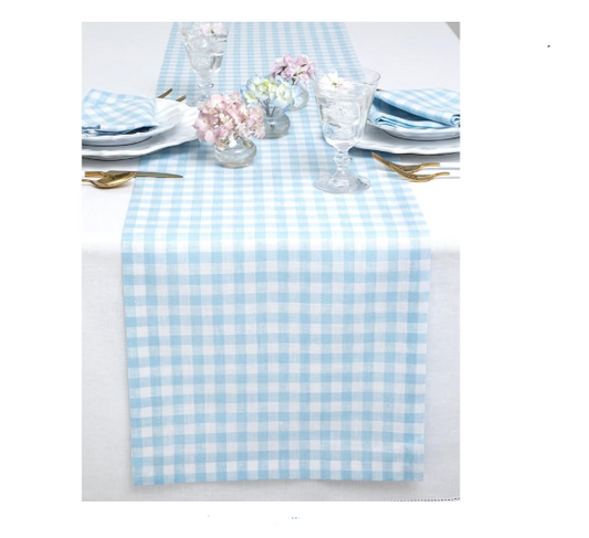 Linen Gingham Table Runner 72 Inches Long Pure Linen Blue Bell Checkered