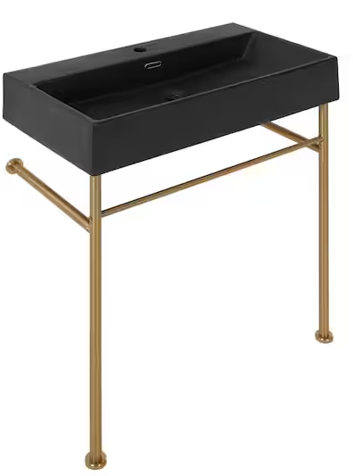 Swiss Madison Claire 30 in. Ceramic Console Sink Basin in Matte Black with Brushed Gold Legs