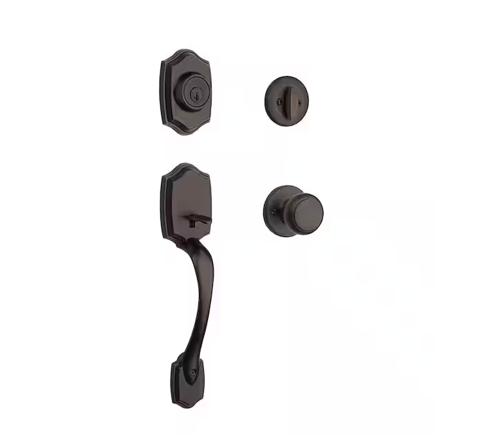 Belleview and Cove Venetian Bronze Entry Door Knob Handleset and Single Cylinder Deadbolt feat. SmartKey and Microban