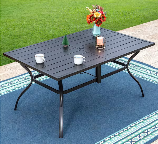 Phi Villa Black Slat Rectangle Metal Patio Outdoor Dining Table with 1.57 in. Umbrella Hole