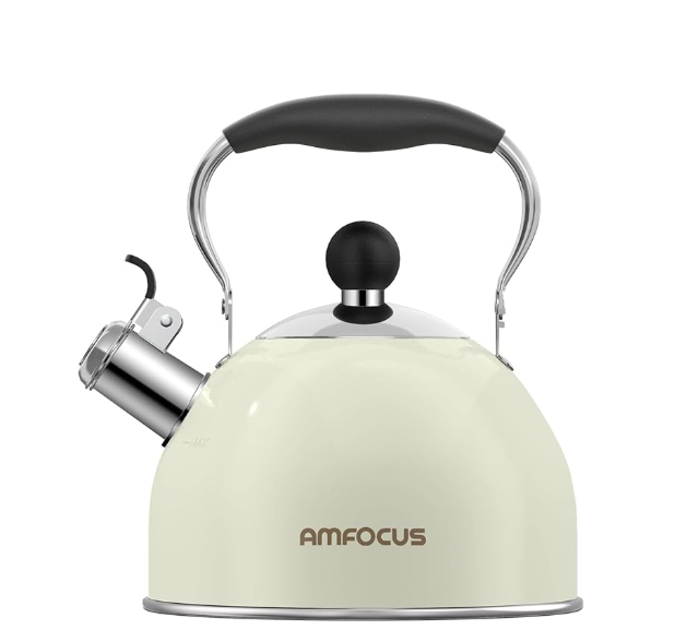 2 Quart Stainless Steel Whistling Tea Kettle, Ergonomic Folding Handle, White