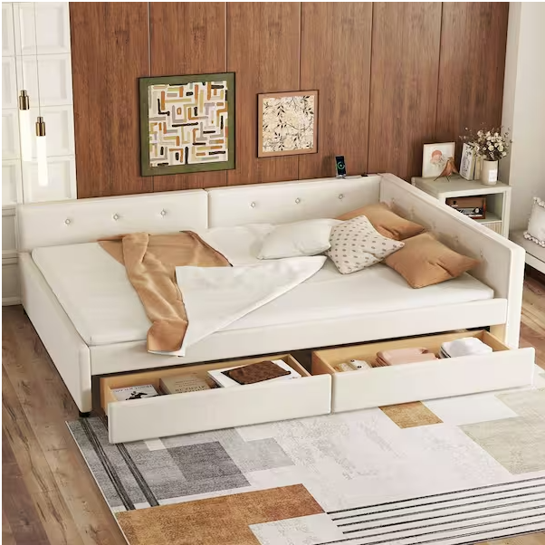 Polibi Beige Wood Frame Full Platform Bed with USB and 2-Drawers
