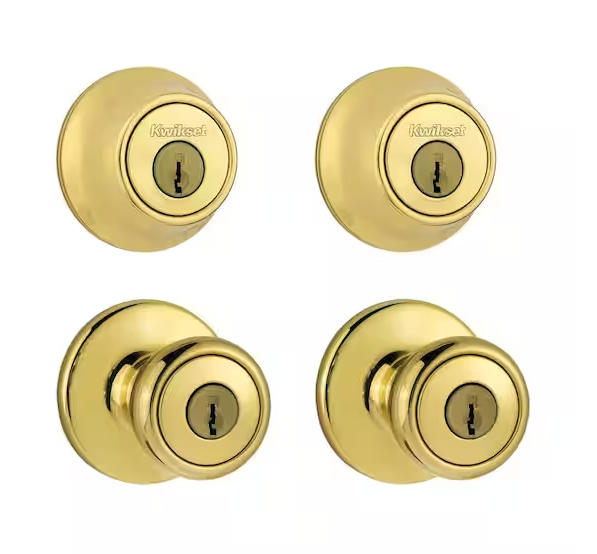 Kwikset Tylo Polished Brass Exterior Entry Door Knob and Single Cylinder Deadbolt Project Pack Combo Pack