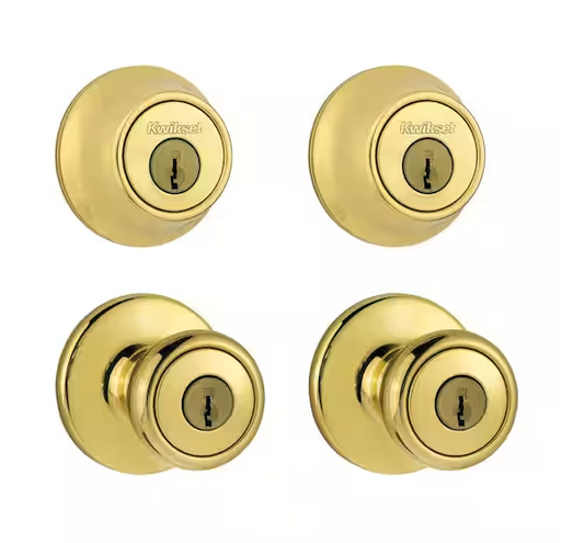 Kwikset Tylo Polished Brass Exterior Entry Door Knob and Single Cylinder Deadbolt Project Pack Combo Pack