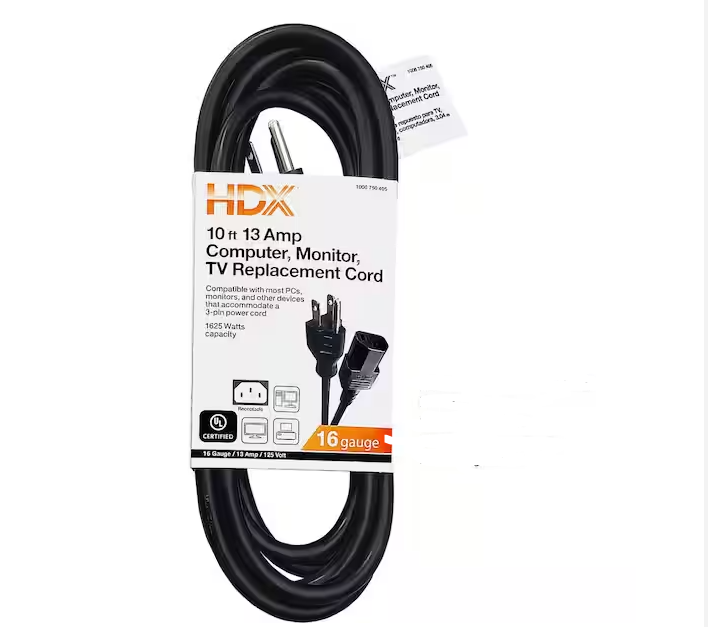 HDX 10 ft. 16/3 Light Duty Computer, Monitor, TV Replacement Cord, Black