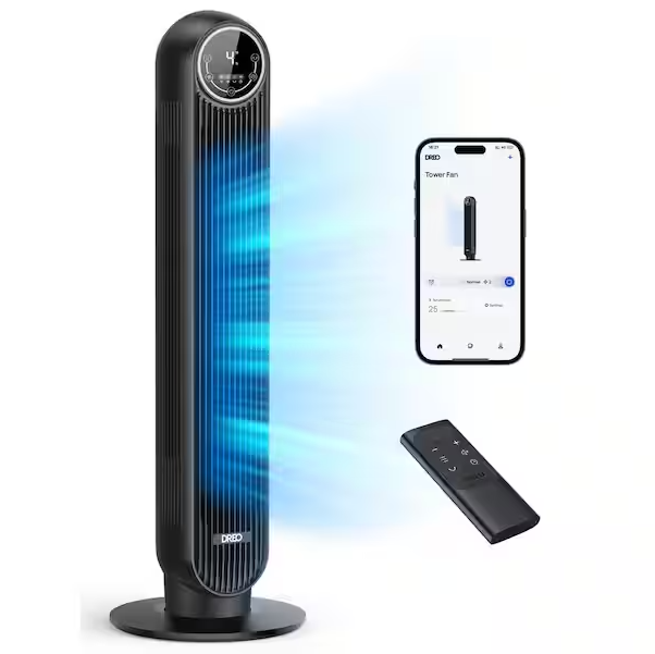 DREO Tower Fan for Bedroom, Smart Oscillating Floor Fans, Standing Bladeless Fan with Remote and Wi-Fi Voice Control