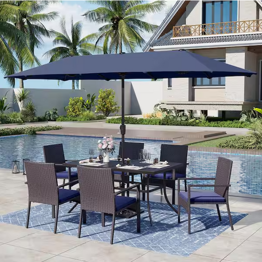 Black 8-Piece Metal Patio Outdoor Dining Set with Umbrella and Rattan Chair with Blue Cushion