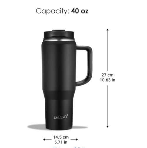 EALGRO 40oz Tumbler with Handle, Insulated with Lid and Straw, Black