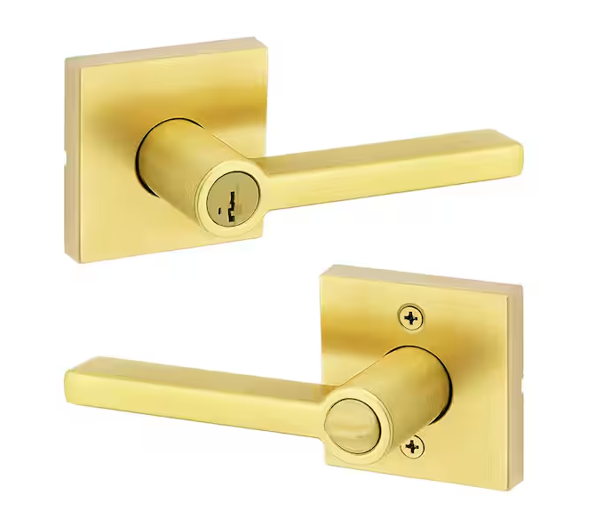 Kwikset Halifax Square Satin Brass Keyed Entry Door Handle Handle Featuring SmartKey Security