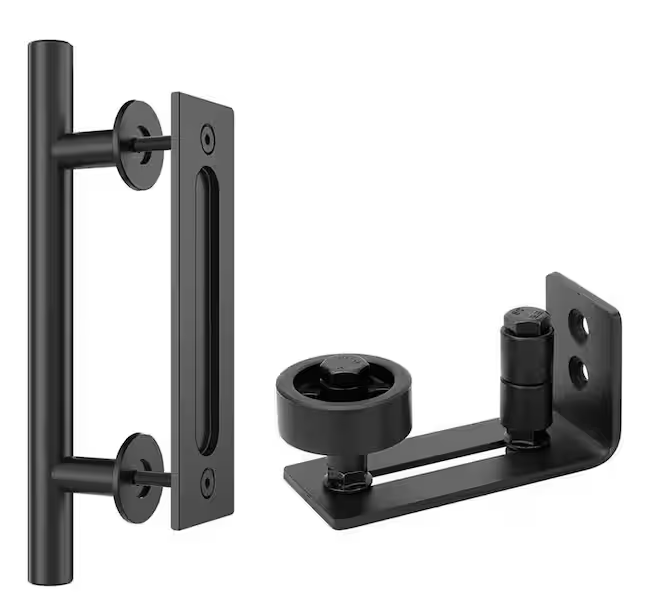 Movisa 12 in. Matte Black Ladder Pull and Flush Sliding Barn Door Handle with Floor Guide