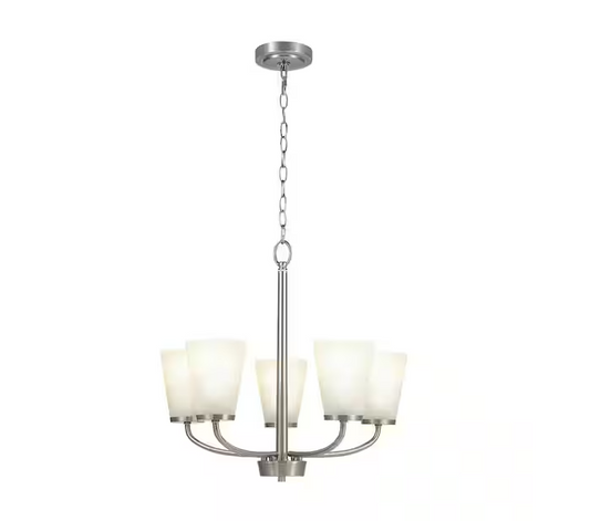 Hampton Bay Helena 21 in 5-Light Brushed Nickel Hanging Chandelier with Frosted Glass Shades for Dining Room