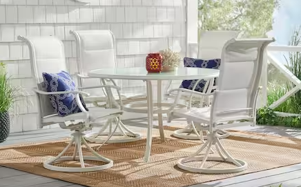 Riverbrook Shell White 5-Piece Outdoor Patio Aluminum  Coffee table with Padded Sling Swivel Chairs