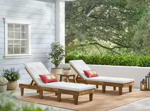 Hampton Bay Natural Brown Wood Outdoor Chaise Lounge with CushionGuard White Cushion