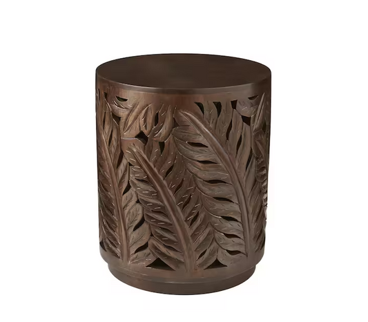 Palmeadow 20 in. Round Carved Walnut Brown Wood Accent Table