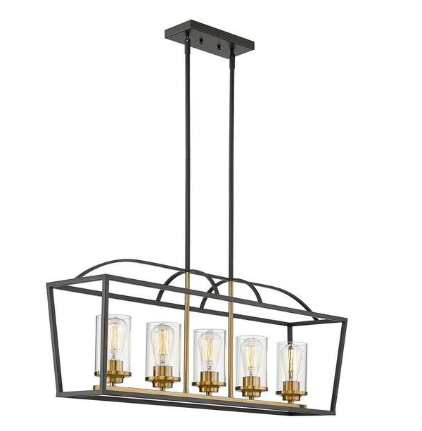 5 light Black and Gold Rustic Linear Chandelier for Kitchen Island with Clear Glass Shade