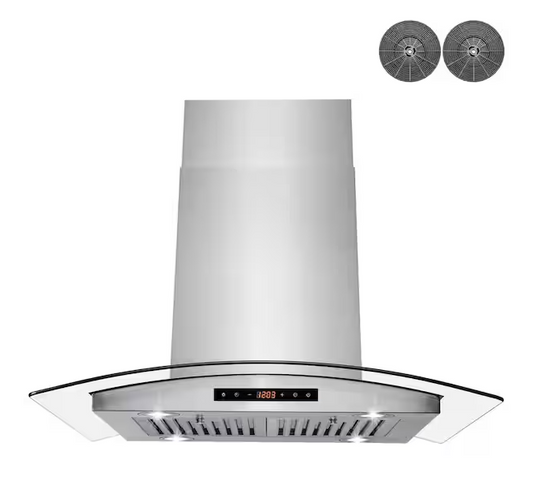 AKDY 36 in. 343 CFM Convertible Island Mount Range Hood with Tempered Glass and Carbon Filters in Stainless Steel