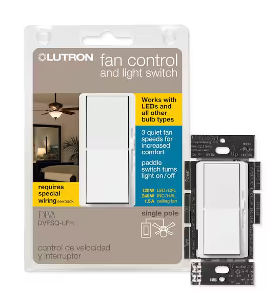 Lutron Diva 3-Speed Fan Control and Light Switch, Single-Pole/3-Way, 1.5A Fan/1A LED, White