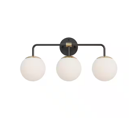 Luminosa 23 in. W 3-Light Black and Gold Finish Vanity Light Frosted Opal Glass Shades