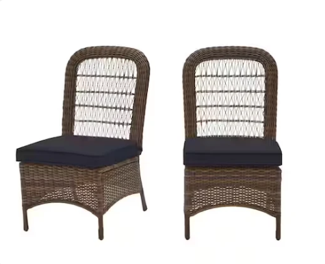 Hampton Bay Beacon Park Brown Wicker Outdoor Patio Armless Dining Chair with CushionGuard Midnight Navy Blue Cushions (2-Pack)