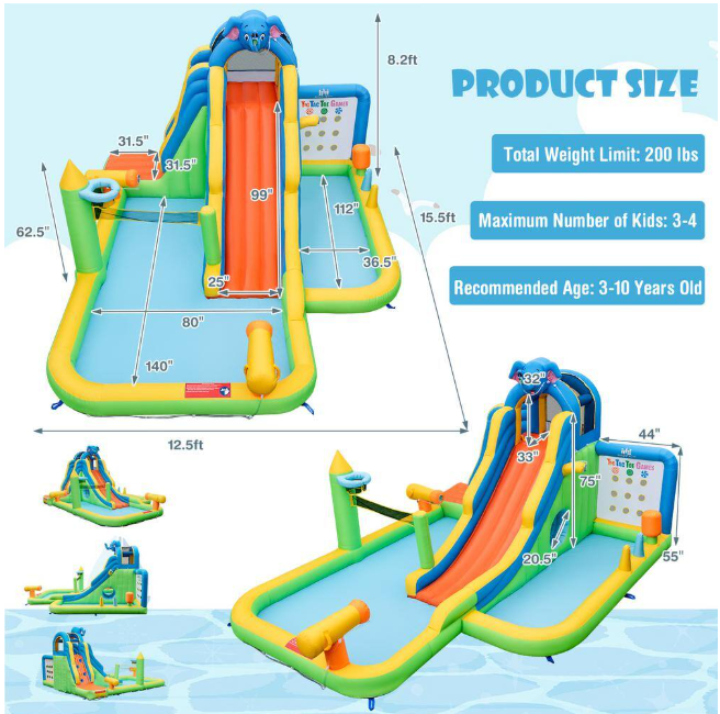 Inflatable Water Slide Bounce House Splash Pool Climbing Wall Water Guns Basketball Toss