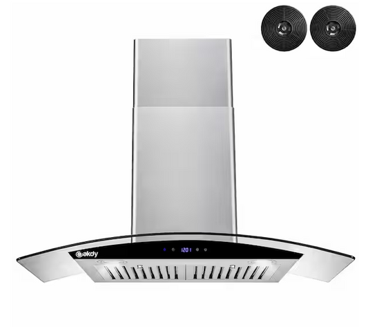 AKDY 30 in. 217 CFM Convertible Wall Mount Range Hood in Stainless Steel w/ Tempered Glass,Black Touch Panel, Carbon Filters