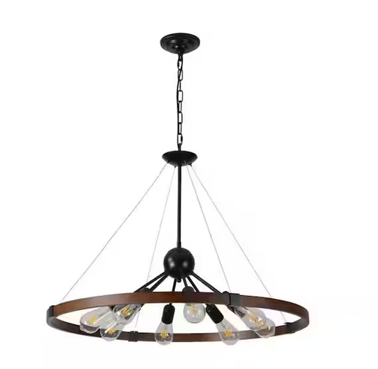 8-Light Walnut and Black Circle Chandelier for Kitchen, Living Room, Dining Room with No Bulbs Included