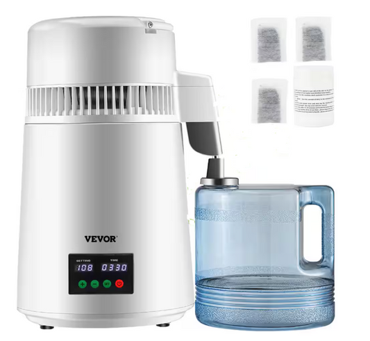 Vevor 1.1 Gal. Water Distiller 0.3 Gal./H Distilled Water Maker Machine 750W 0-99H Timing Setting Temp Display Distiller, White