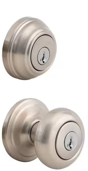 Kwikset Juno Satin Nickel Exterior Entry Door Knob and Single Cylinder Deadbolt Combo Pack Featuring SmartKey Security