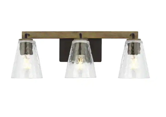 HDC Westbrook 3-Light Weathered Oak Rustic Farmhouse Bathroom Vanity Light with Matte Black Accents