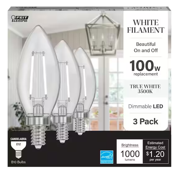 Feit 100-Watt Equivalent B10 E12 Candelabra Dim White Filament Clear Glass Chandelier LED Light Bulb True White 3500K, 3-Pack