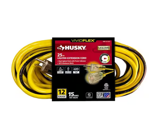 VividFlex 25 ft. 12/3 Heavy Duty Indoor/Outdoor Extension Cord with Lighted End, Yellow