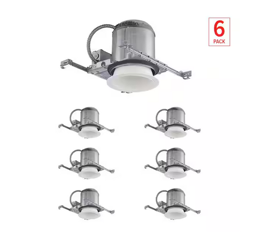 6 in. Aluminum E26-Base Bulb White Baffle Recessed Can Light Trim New Construction, 6-Pack
