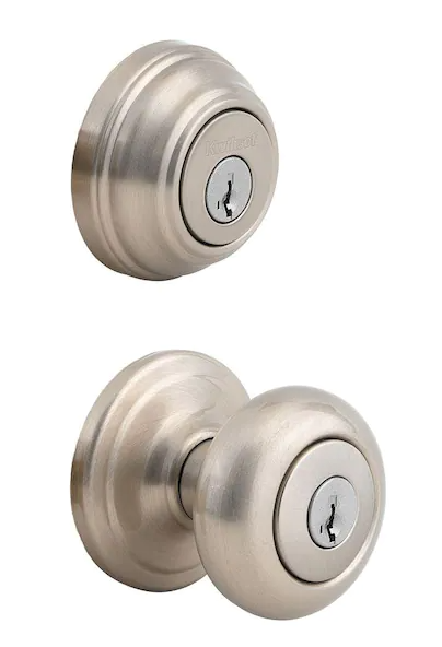 Kwikset Juno Satin Nickel Exterior Entry Door Knob and Double Cylinder Deadbolt Combo Pack Featuring SmartKey Security