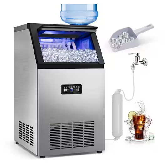 Vilivi Commercial Ice Maker 100 lb./24H Freestanding Ice Maker Machine with 20 lb. Storage, 2 Water Inlet Modes Stainless Steel