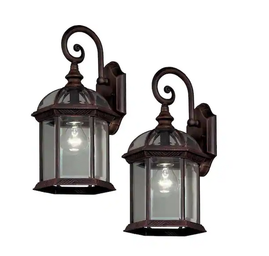 Hampton Bay Wickford 15.4 in. 1-Light Weathered Bronze Hardwired Outdoor Wall Light Lantern Sconce with Clear Glass (2-Pack)