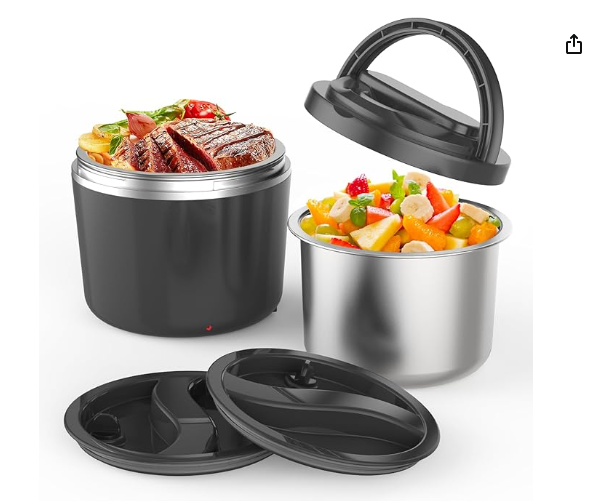 Electric Lunch Box Food Warmer - 105W/110V Dual 27-Ounce SS Containers, Gray