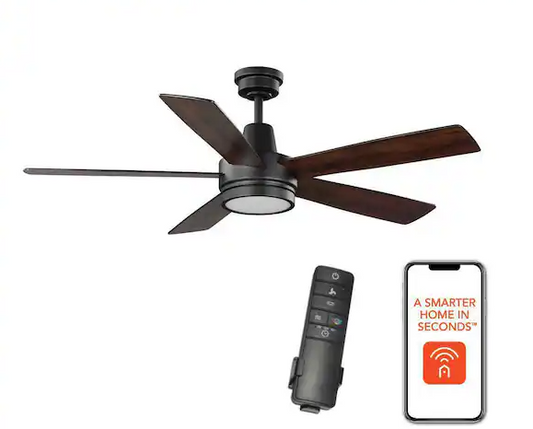 Hampton Bay Fanelee 54 in. White Color Changing LED Matte Black Smart Ceiling Fan with Light Kit and Remote Powered by Hubspace