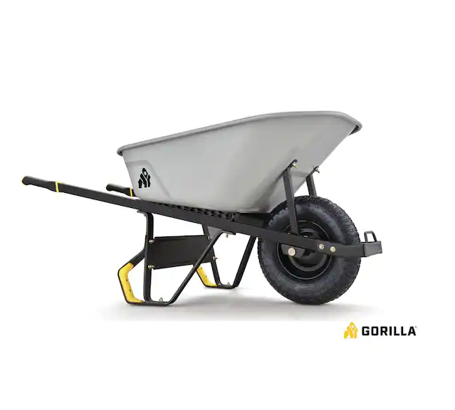 Gorilla 6 cu. ft. PRO Heavy-Duty Steel Tub Wheelbarrow, Steel Braces and Handles, Easy Pivot/Dump Design, 16 in. Pneumatic Wheel